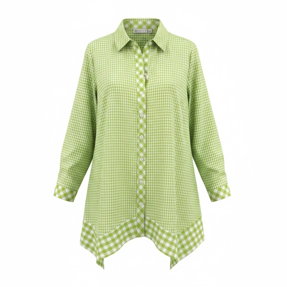 Rafaella Womens XL Lime Green Gingham Check Cotton Sharkbite Hem Tunic Shirt‎
